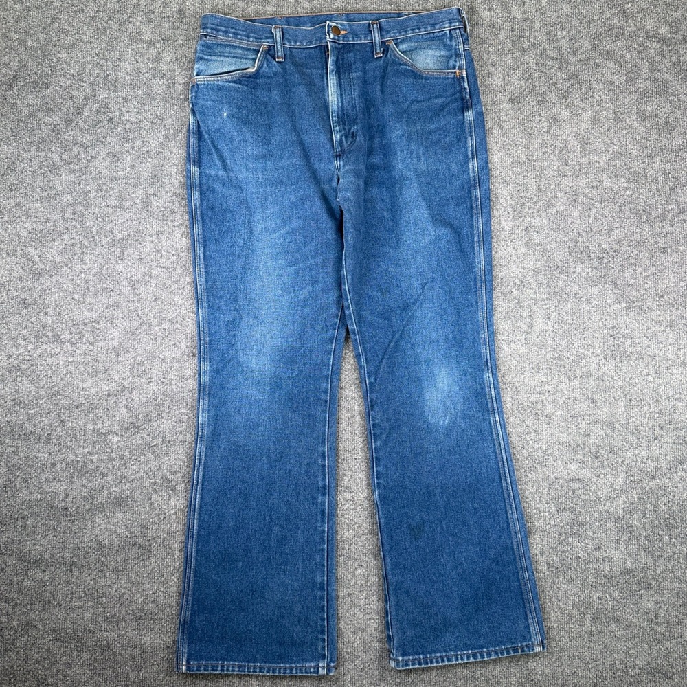 VTG 70s Wrangler Jeans Mens 36x32 Blue Faded Bootcut Scoville 945DEN USA Made